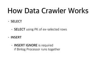 How Data Crawler Works
• SELECT
• SELECT using PK of ex-selected rows
• INSERT
• INSERT IGNORE is required 
if Binlog Processor runs together
 