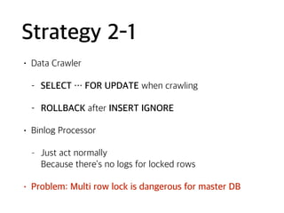 Strategy 2-1
• Data Crawler
- SELECT … FOR UPDATE when crawling
- ROLLBACK after INSERT IGNORE
• Binlog Processor
- Just act normally 
Because there’s no logs for locked rows
• Problem: Multi row lock is dangerous for master DB
 