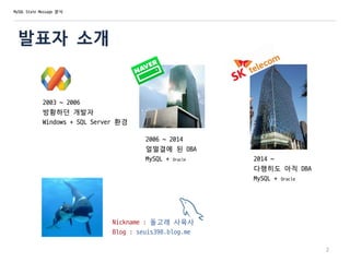 MySQL State Message 분석
발표자 소개
2003 ~ 2006
방황하던 개발자
Windows + SQL Server 환경
2006 ~ 2014
얼떨결에 된 DBA
MySQL + Oracle 2014 ~
다행히도 아직 DBA
MySQL + Oracle
Nickname : 돌고래 사육사
Blog : seuis398.blog.me
2
 