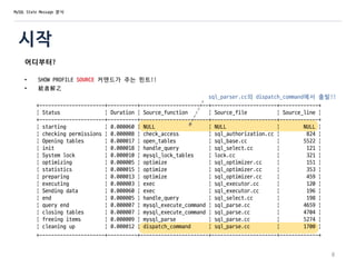 시작
어디부터?
• SHOW PROFILE SOURCE 커맨드가 주는 힌트!!
• 結者解之
sql_parser.cc의 dispatch_command에서 출발!!
+----------------------+----------+-----------------------+----------------------+-------------+
| Status | Duration | Source_function | Source_file | Source_line |
+----------------------+----------+-----------------------+----------------------+-------------+
| starting | 0.000060 | NULL | NULL | NULL |
| checking permissions | 0.000008 | check_access | sql_authorization.cc | 824 |
| Opening tables | 0.000017 | open_tables | sql_base.cc | 5522 |
| init | 0.000018 | handle_query | sql_select.cc | 121 |
| System lock | 0.000010 | mysql_lock_tables | lock.cc | 321 |
| optimizing | 0.000005 | optimize | sql_optimizer.cc | 151 |
| statistics | 0.000015 | optimize | sql_optimizer.cc | 353 |
| preparing | 0.000013 | optimize | sql_optimizer.cc | 459 |
| executing | 0.000003 | exec | sql_executor.cc | 120 |
| Sending data | 0.000060 | exec | sql_executor.cc | 196 |
| end | 0.000005 | handle_query | sql_select.cc | 198 |
| query end | 0.000007 | mysql_execute_command | sql_parse.cc | 4659 |
| closing tables | 0.000007 | mysql_execute_command | sql_parse.cc | 4704 |
| freeing items | 0.000009 | mysql_parse | sql_parse.cc | 5274 |
| cleaning up | 0.000012 | dispatch_command | sql_parse.cc | 1700 |
+----------------------+----------+-----------------------+----------------------+-------------+
8
MySQL State Message 분석
 