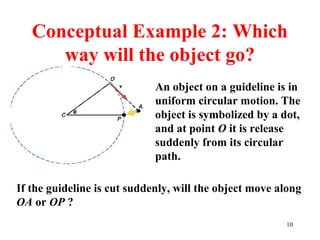 10
Conceptual Example 2: Which
way will the object go?
An object on a guideline is in
uniform circular motion. The
object is symbolized by a dot,
and at point O it is release
suddenly from its circular
path.
If the guideline is cut suddenly, will the object move along
OA or OP ?
 