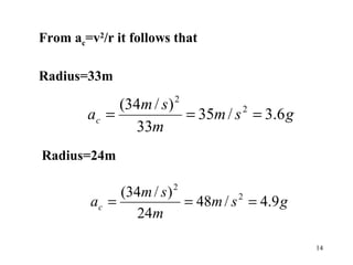 14
From ac=v2
/r it follows that
Radius=33m
Radius=24m
gsm
m
sm
ac 6.3/35
33
)/34( 2
2
===
gsm
m
sm
ac 9.4/48
24
)/34( 2
2
===
 