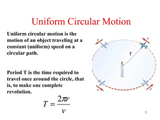3
Uniform Circular Motion
Uniform circular motion is the
motion of an object traveling at a
constant (uniform) speed on a
circular path.
Period T is the time required to
travel once around the circle, that
is, to make one complete
revolution.
v
r
T
π2
=
r
 