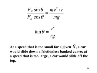 34
mg
rmv
F
F
N
N /
cos
sin 2
=
θ
θ
rg
v2
tan =θ
At a speed that is too small for a given , a car
would slide down a frictionless banked curve: at
a speed that is too large, a car would slide off the
top.
θ
 