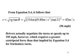36
From Equation 5.4, it follows that
Drivers actually negotiate the turns at speeds up to
195 mph, however, which requires a greater
centripetal force than that implied by Equation 5.4
for frictionless turns.
smsmmrgv /4331tan)/80.9)(316(tan 2
=°== θ
(96 mph)
 