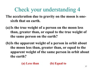 37
Check your understanding 4
The acceleration due to gravity on the moon is one-
sixth that on earth.
(a)Is the true weight of a person on the moon less
than, greater than, or equal to the true weight of
the same person on the earth?
(b)Is the apparent weight of a person in orbit about
the moon less than, greater than, or equal to the
apparent weight of the same person in orbit about
the earth?
(a) Less than (b) Equal to
 