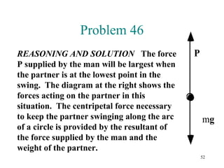 52
Problem 46
REASONING AND SOLUTION The force
P supplied by the man will be largest when
the partner is at the lowest point in the
swing. The diagram at the right shows the
forces acting on the partner in this
situation. The centripetal force necessary
to keep the partner swinging along the arc
of a circle is provided by the resultant of
the force supplied by the man and the
weight of the partner.
mg
P
 