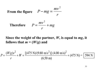 53
P mg
mv
r
− =
2
From the figure
P
mv
r
mg= +
2
Therefore
Since the weight of the partner, W, is equal to mg, it
follows that m = (W/g) and
2 2 2
( / ) [(475 N)/(9.80 m/s )] (4.00 m/s)
(475 N) = 594 N
(6.50 m)
W g v
P W
r
= + = +
 