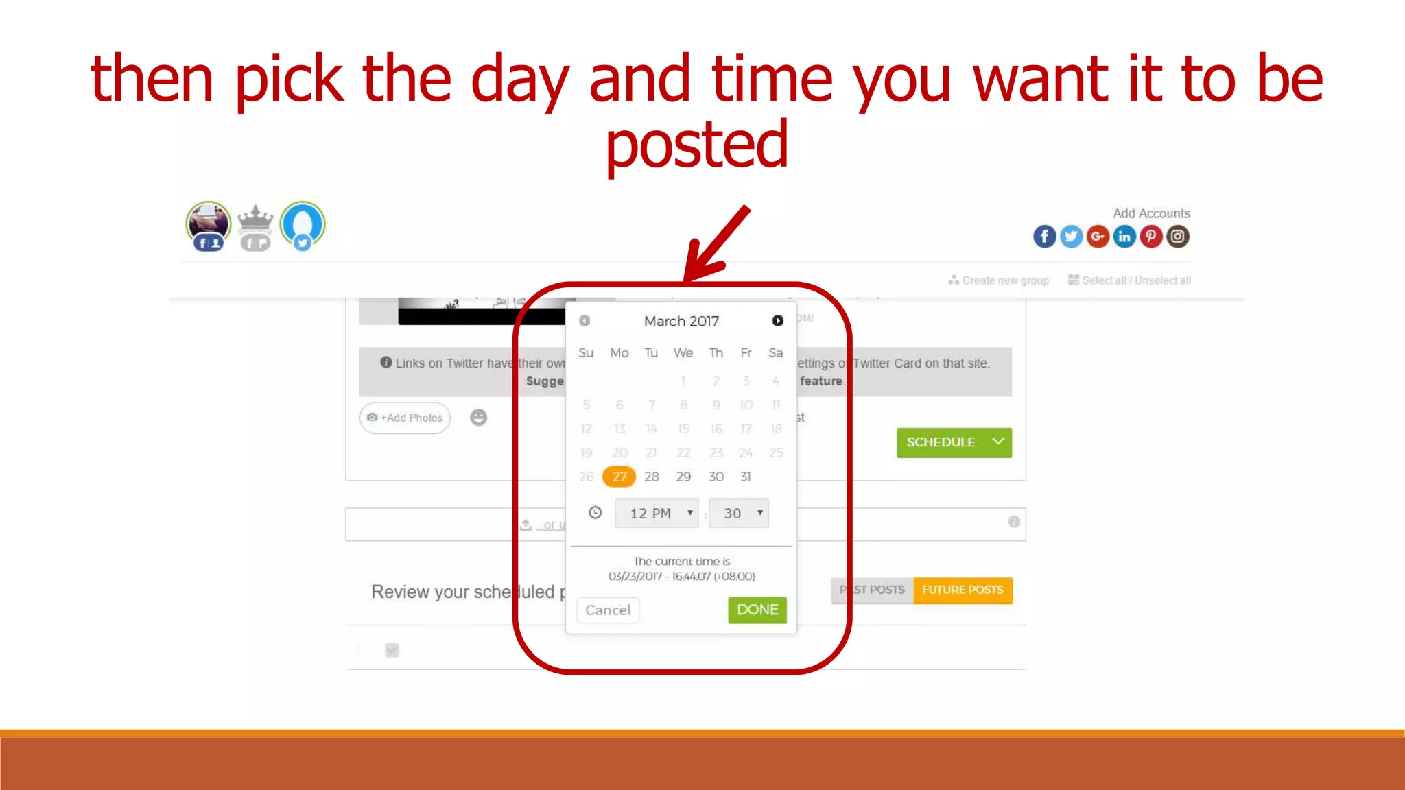 then pick the day and time you want it to be
posted
 