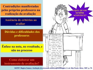 Ênfase na nota, no resultado, e
não no processo
Dúvidas e dificuldades dos
professores
Como elaborar um
instrumento de avaliação?
HAYDT, Regina Cazaux. Avaliação do processo ensino-aprendizagem. 6. ed. São Paulo: Ática, 1997. p. 70.
Contradições manifestadas
pelos próprios professores na
realização da avaliação
Ausência de critérios ao
avaliar
O QUE, QUASE
SEMPRE
ACONTECE!!
 