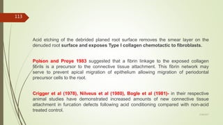 Acid etching of the debrided planed root surface removes the smear layer on the
denuded root surface and exposes Type I collagen chemotactic to fibroblasts.
Polson and Proye 1983 suggested that a fibrin linkage to the exposed collagen
fibrils is a precursor to the connective tissue attachment. This fibrin network may
serve to prevent apical migration of epithelium allowing migration of periodontal
precursor cells to the root.
Crigger et al (1978), Nilveus et al (1980), Bogle et al (1981)- in their respective
animal studies have demonstrated increased amounts of new connective tissue
attachment in furcation defects following acid conditioning compared with non-acid
treated control.
113
5/28/2017
 