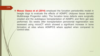  Masao Ozasa et al (2014) employed the furcation periodontitis model in
beagle dogs to evaluate the effects of ADMPC (Adipose tissue derived
Multilineage Progenitor cells). The furcation bone defects were surgically
created and the autologous transplantation of ADMPC and fibrin gel was
performed. Six weeks after transplantation periodontal regeneration was
assessed using microCT which showed a significant increase in bone
formation at sites where ADMPCS where applied when compared to
control sites.
134
5/28/2017
 