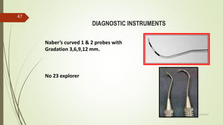 DIAGNOSTIC INSTRUMENTS
Naber’s curved 1 & 2 probes with
Gradation 3,6,9,12 mm.
No 23 explorer
47
5/28/2017
 