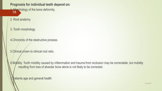 Prognosis for individual teeth depend on:
1. Morphology of the bone deformity.
2. Root anatomy
3. Tooth morphology
4.Chronicity of the destructive process.
5.Clinical crown to clinical root ratio.
6.Mobility: Tooth mobility caused by inflammation and trauma from occlusion may be correctable, but mobility
resulting from loss of alveolar bone alone is not likely to be corrected.
7.Patients age and general health
58
5/28/2017
 