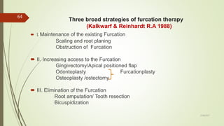 Three broad strategies of furcation therapy
(Kalkwarf & Reinhardt R.A 1988)
 I. Maintenance of the existing Furcation
Scaling and root planing
Obstruction of Furcation
 II. Increasing access to the Furcation
Gingivectomy/Apical positioned flap
Odontoplasty Furcationplasty
Osteoplasty /ostectomy
 III. Elimination of the Furcation
Root amputation/ Tooth resection
Bicuspidization
64
5/28/2017
 