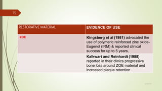 RESTORATIVE MATERIAL EVIDENCE OF USE
ZOE Kingsberg et al (1981) advocated the
use of polymeric reinforced zinc oxide-
Eugenol (IRM) & reported clinical
success for up to 5 years.
Kalkwart and Reinhardt (1988)
reported in their clinics progressive
bone loss around ZOE material and
increased plaque retention
79
5/28/2017
 