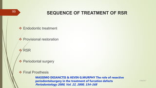 SEQUENCE OF TREATMENT OF RSR
 Endodontic treatment
 Provisional restoration
 RSR
 Periodontal surgery
 Final Prosthesis
MASSIMO DESANCTIS & KEVIN G.MURPHY The role of resective
periodontalsurgery in the treatment of furcation defects
Periodontology 2000, Vol. 22, 2000, 154–168
99
5/28/2017
 