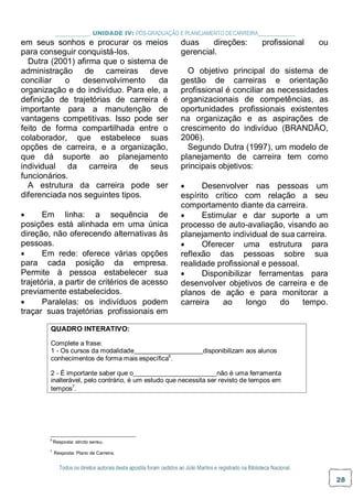 Todos os direitos autorais desta apostila foram cedidos ao Júlio Martins e registrado na Biblioteca Nacional.
28
_ UNIDADE IV: PÓS-GRADUAÇÃO E PLANEJAMENTO DECARREIRA
em seus sonhos e procurar os meios
para conseguir conquistá-los.
Dutra (2001) afirma que o sistema de
administração de carreiras deve
conciliar o desenvolvimento da
organização e do indivíduo. Para ele, a
definição de trajetórias de carreira é
importante para a manutenção de
vantagens competitivas. Isso pode ser
feito de forma compartilhada entre o
colaborador, que estabelece suas
opções de carreira, e a organização,
que dá suporte ao planejamento
individual da carreira de seus
funcionários.
A estrutura da carreira pode ser
diferenciada nos seguintes tipos.
 Em linha: a sequência de
posições está alinhada em uma única
direção, não oferecendo alternativas às
pessoas.
 Em rede: oferece várias opções
para cada posição da empresa.
Permite à pessoa estabelecer sua
trajetória, a partir de critérios de acesso
previamente estabelecidos.
 Paralelas: os indivíduos podem
traçar suas trajetórias profissionais em
duas direções: profissional ou
gerencial.
O objetivo principal do sistema de
gestão de carreiras e orientação
profissional é conciliar as necessidades
organizacionais de competências, as
oportunidades profissionais existentes
na organização e as aspirações de
crescimento do indivíduo (BRANDÃO,
2006).
Segundo Dutra (1997), um modelo de
planejamento de carreira tem como
principais objetivos:
 Desenvolver nas pessoas um
espírito crítico com relação a seu
comportamento diante da carreira.
 Estimular e dar suporte a um
processo de auto-avaliação, visando ao
planejamento individual de sua carreira.
 Oferecer uma estrutura para
reflexão das pessoas sobre sua
realidade profissional e pessoal.
 Disponibilizar ferramentas para
desenvolver objetivos de carreira e de
planos de ação e para monitorar a
carreira ao longo do tempo.
6
Resposta: stricto sensu.
7
Resposta: Plano de Carreira.
QUADRO INTERATIVO:
Complete a frase:
1 - Os cursos da modalidade disponibilizam aos alunos
conhecimentos de forma mais específica6
.
2 - É importante saber que o não é uma ferramenta
inalterável, pelo contrário, é um estudo que necessita ser revisto de tempos em
tempos7
.
 