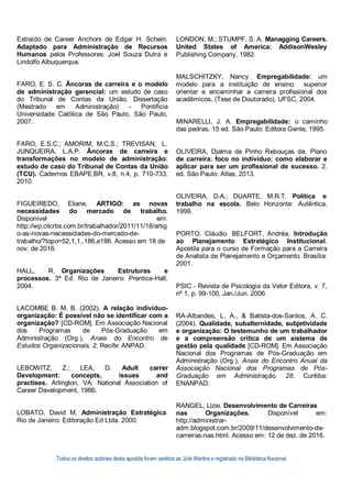 Todos os direitos autorais desta apostila foram cedidos ao Júlio Martins e registrado na Biblioteca Nacional.
Extraído de Career Anchors de Edgar H. Schein.
Adaptado para Administração de Recursos
Humanos pelos Professores: Joel Souza Dutra e
Lindolfo Albuquerque.
FARO, E. S. C. Âncoras de carreira e o modelo
de administração gerencial: um estudo de caso
do Tribunal de Contas da União. Dissertação
(Mestrado em Administração) - Pontifícia
Universidade Católica de São Paulo, São Paulo,
2007.
FARO, E.S.C.; AMORIM, M.C.S.; TREVISAN, L.
JUNQUEIRA, L.A.P. Âncoras de carreira e
transformações no modelo de administração:
estudo de caso do Tribunal de Contas da União
(TCU). Cadernos EBAPE.BR, v.8, n.4, p. 710-733,
2010.
FIGUEIREDO, Eliane. ARTIGO: as novas
necessidades do mercado de trabalho.
Disponível em:
http://wp.clicrbs.com.br/trabalhador/2011/11/18/artig
o-as-novas-necessidades-do-mercado-de-
trabalho/?topo=52,1,1,,186,e186. Acesso em 18 de
nov. de 2016.
HALL, R. Organizações Estruturas e
processos. 3ª Ed. Rio de Janeiro: Prentice-Hall,
2004.
LACOMBE B. M. B. (2002). A relação indivíduo-
organização: É possível não se identificar com a
organização? [CD-ROM]. Em Associação Nacional
dos Programas de Pós-Graduação em
Administração (Org.), Anais do Encontro de
Estudos Organizacionais, 2. Recife: ANPAD.
LEBOWITZ, Z.; LEA, D. Adult carrer
Development: concepts, issues and
practises. Arlington, VA: National Association of
Career Development, 1986.
LOBATO, David M. Administração Estratégica.
Rio de Janeiro: Editoração Ed Ltda. 2000.
LONDON, M.; STUMPF, S. A. Managging Careers.
United States of America: AddisonWesley
Publishing Company, 1982.
MALSCHITZKY, Nancy. Empregabilidade: um
modelo para a instituição de ensino superior
orientar e encaminhar a carreira profissional dos
acadêmicos. (Tese de Doutorado), UFSC, 2004.
MINARELLI, J. A. Empregabilidade: o caminho
das pedras. 15 ed. São Paulo: Editora Gente, 1995.
OLIVEIRA, Djalma de Pinho Rebouças de. Plano
de carreira: foco no indivíduo: como elaborar e
aplicar para ser um profissional de sucesso. 2.
ed. São Paulo: Atlas, 2013.
OLIVEIRA, D.A.; DUARTE, M.R.T. Política e
trabalho na escola. Belo Horizonte: Autêntica,
1999.
PORTO, Cláudio. BELFORT, Andréa. Introdução
ao Planejamento Estratégico Institucional.
Apostila para o curso de Formação para a Carreira
de Analista de Planejamento e Orçamento. Brasília:
2001.
PSIC - Revista de Psicologia da Vetor Editora, v. 7,
nº 1, p. 99-100, Jan./Jun. 2006
RA-Albandes, L. A., & Batista-dos-Santos, A. C.
(2004). Qualidade, subalternidade, subjetividade
e organização: O testemunho de um trabalhador
e a compreensão crítica de um sistema de
gestão pela qualidade [CD-ROM]. Em Associação
Nacional dos Programas de Pós-Graduação em
Administração (Org.), Anais do Encontro Anual da
Associação Nacional dos Programas de Pós-
Graduação em Administração, 28. Curitiba:
ENANPAD.
RANGEL, Lizie. Desenvolvimento de Carreiras
nas Organizações. Disponível em:
http://administrar-
adm.blogspot.com.br/2009/11/desenvolvimento-de-
carreiras-nas.html. Acesso em: 12 de dez. de 2016.
 