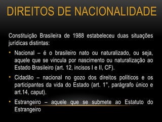 DIREITOS DE NACIONALIDADE
Constituição Brasileira de 1988 estabeleceu duas situações
jurídicas distintas:
• Nacional – é o brasileiro nato ou naturalizado, ou seja,
aquele que se vincula por nascimento ou naturalização ao
Estado Brasileiro (art. 12, incisos I e II, CF).
• Cidadão – nacional no gozo dos direitos políticos e os
participantes da vida do Estado (art. 1°, parágrafo único e
art.14, caput).
• Estrangeiro – aquele que se submete ao Estatuto do
Estrangeiro
 