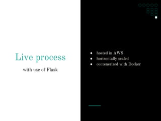 Live process
with use of Flask
● hosted in AWS
● horizontally scaled
● contenerized with Docker
 