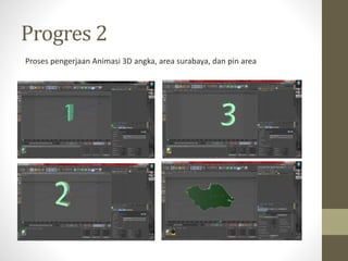 Progres 2
Proses pengerjaan Animasi 3D angka, area surabaya, dan pin area
 