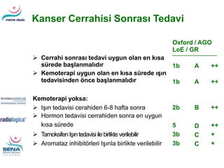 Kanser Cerrahisi Sonrası Tedavi
Oxford / AGO
LoE / GR
1b A ++
1b A ++
 Cerrahi sonrası tedavi uygun olan en kısa
sürede başlanmalıdır
 Kemoterapi uygun olan en kısa sürede ışın
tedavisinden önce başlanmalıdır
Kemoterapi yoksa:
 Işın tedavisi cerahiden 6-8 hafta sonra
 Hormon tedavisi cerrahiden sonra en uygun
kısa sürede
 TamoksifenIşıntedavisiilebirlikteverilebilir
 Aromataz inhibitörleri Işınla birlikte verilebilir
2b B ++
5
3b
3b
D
C
C
++
+
+
 