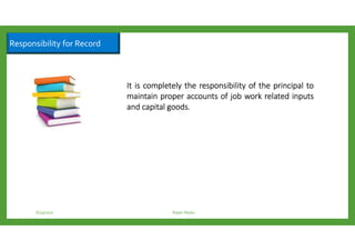 Responsibility for Record
6/23/2017 Rajan Naidu
ItItItIt isisisis completelycompletelycompletelycompletely thethethethe responsibilityresponsibilityresponsibilityresponsibility ofofofof thethethethe principalprincipalprincipalprincipal totototo
maintainmaintainmaintainmaintain properproperproperproper accountsaccountsaccountsaccounts ofofofof jobjobjobjob workworkworkwork relatedrelatedrelatedrelated inputsinputsinputsinputs
andandandand capitalcapitalcapitalcapital goodsgoodsgoodsgoods....
 