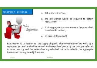 Registration – Section 22 1. Job work’ is a service,
2. the job worker would be required to obtain
registration
3. if his aggregate turnover exceeds the prescribed
threshold Rs.20 lakh,
4. in case NE Rs.10 lakh)
Explanation (ii) to Section 22 : the supply of goods, after completion of job work, by a
registered job worker shall be treated as the supply of goods by the principal referred
to in section 143, and the value of such goods shall not be included in the aggregate
turnover of the registered job worker;
6/23/2017 Rajan Naidu
 