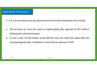 Applicability of Provisions
6/23/2017 Rajan Naidu
1.1.1.1. ItItItIt isisisis notnotnotnot compulsorycompulsorycompulsorycompulsory thatthatthatthat jobjobjobjob workworkworkwork provisionsprovisionsprovisionsprovisions shouldshouldshouldshould bebebebe followedfollowedfollowedfollowed bybybyby thethethethe principalprincipalprincipalprincipal....
a.a.a.a. TheTheTheThe principalprincipalprincipalprincipal cancancancan sendsendsendsend thethethethe inputsinputsinputsinputs orororor capitalcapitalcapitalcapital goodsgoodsgoodsgoods afterafterafterafter paymentpaymentpaymentpayment ofofofof GSTGSTGSTGST withoutwithoutwithoutwithout
followingfollowingfollowingfollowing thethethethe specialspecialspecialspecial procedureprocedureprocedureprocedure....
b.b.b.b. InInInIn suchsuchsuchsuch aaaa case,case,case,case, thethethethe jobjobjobjob----workerworkerworkerworker wouldwouldwouldwould taketaketaketake thethethethe inputinputinputinput taxtaxtaxtax creditcreditcreditcredit andandandand supplysupplysupplysupply backbackbackback thethethethe
processedprocessedprocessedprocessed goodsgoodsgoodsgoods (after(after(after(after completioncompletioncompletioncompletion ofofofof jobjobjobjob----work)work)work)work) onononon paymentpaymentpaymentpayment ofofofof GSTGSTGSTGST....
 