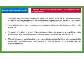 InputTax Credit –Rule 10 of ITC Rules Conditions and restrictions in respect of inputs and capital goods sent
to the job worker
1.1.1.1. TheTheTheThe inputs,inputs,inputs,inputs, semisemisemisemi----finishedfinishedfinishedfinished goodsgoodsgoodsgoods orororor capitalcapitalcapitalcapital goodsgoodsgoodsgoods shallshallshallshall bebebebe sentsentsentsent totototo thethethethe jobjobjobjob workerworkerworkerworker underunderunderunder thethethethe covercovercovercover
ofofofof aaaa challanchallanchallanchallan issuedissuedissuedissued bybybyby thethethethe principal,principal,principal,principal, includingincludingincludingincluding wherewherewherewhere suchsuchsuchsuch goodsgoodsgoodsgoods areareareare sentsentsentsent directlydirectlydirectlydirectly totototo aaaa jobjobjobjob----workerworkerworkerworker....
2.2.2.2. TheTheTheThe challanchallanchallanchallan issuedissuedissuedissued bybybyby thethethethe principalprincipalprincipalprincipal totototo thethethethe jobjobjobjob workerworkerworkerworker shallshallshallshall containcontaincontaincontain thethethethe detailsdetailsdetailsdetails specifiedspecifiedspecifiedspecified inininin rulerulerulerule
InvoiceInvoiceInvoiceInvoice....10101010::::
3.3.3.3. TheTheTheThe detailsdetailsdetailsdetails ofofofof challanschallanschallanschallans inininin respectrespectrespectrespect ofofofof goodsgoodsgoodsgoods dispatcheddispatcheddispatcheddispatched totototo aaaa jobjobjobjob workerworkerworkerworker orororor receivedreceivedreceivedreceived fromfromfromfrom aaaa jobjobjobjob
workerworkerworkerworker duringduringduringduring aaaa taxtaxtaxtax periodperiodperiodperiod shallshallshallshall bebebebe includedincludedincludedincluded inininin FORMFORMFORMFORM GSTRGSTRGSTRGSTR----1111 furnishedfurnishedfurnishedfurnished forforforfor thatthatthatthat periodperiodperiodperiod....
4.4.4.4. WhereWhereWhereWhere thethethethe inputsinputsinputsinputs orororor capitalcapitalcapitalcapital goodsgoodsgoodsgoods areareareare notnotnotnot returnedreturnedreturnedreturned totototo thethethethe principalprincipalprincipalprincipal withinwithinwithinwithin thethethethe timetimetimetime stipulatedstipulatedstipulatedstipulated inininin
sectionsectionsectionsection 143143143143,,,, thethethethe challanchallanchallanchallan issuedissuedissuedissued underunderunderunder subsubsubsub----rulerulerulerule ((((1111)))) shallshallshallshall bebebebe deemeddeemeddeemeddeemed totototo bebebebe anananan invoiceinvoiceinvoiceinvoice forforforfor thethethethe
purposespurposespurposespurposes ofofofof thethethethe ActActActAct....
6/23/2017 Rajan Naidu
 