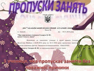 У К Р А Ї Н А
ДНЗ “АНАНЬЇВСЬКИЙ ПРОФЕСІЙНИЙ АГРАРНИЙ ЛІЦЕЙ”
Наказ №
м. Ананьїв від 10.11.2016 року
"Про порушення ученицею Сидорук В. Ю.
вимог Статуту ліцею"
Відповідно до пояснення, учениця 4 групи кравців Сидорук
Валентина Юріївна з 26.09.2016 року по 10.11.2016 року пропустила заняття в
ліцеї без поважних причин. Зважаючи на вищезазначене, НАКАЗУЮ:
Попередити Сидорук В. Ю. за порушення вимог Статуту ліцею
 