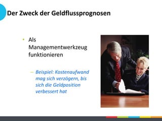 • Als
Managementwerkzeug
funktionieren
– Beispiel: Kostenaufwand
mag sich verzögern, bis
sich die Geldposition
verbessert hat
Der Zweck der Geldflussprognosen
 