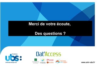 Merci de votre écoute,
Des questions ?
 