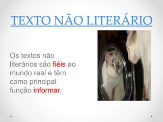 TEXTO NÃO LITERÁRIO
Os textos não
literários são fiéis ao
mundo real e têm
como principal
função informar.
 