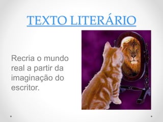 TEXTO LITERÁRIO
Recria o mundo
real a partir da
imaginação do
escritor.
 