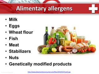 Alimentary allergens
• Milk
• Eggs
• Wheat flour
• Fish
• Meat
• Stabilizers
• Nuts
• Genetically modified products
http://www.datamonitorconsumer.com/files/2014/01/Food1.jpgProPowerPoint.Ru
 