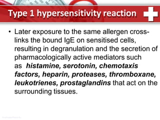 Type 1 hypersensitivity reaction
ProPowerPoint.Ru
• Later exposure to the same allergen cross-
links the bound IgE on sensitised cells,
resulting in degranulation and the secretion of
pharmacologically active mediators such
as histamine, serotonin, chemotaxis
factors, heparin, proteases, thromboxane,
leukotrienes, prostaglandins that act on the
surrounding tissues.
 