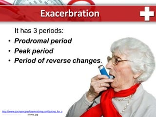 Exacerbration
It has 3 periods:
• Prodromal period
• Peak period
• Period of reverse changes.
http://www.juicingrecipesforeverything.com/juicing_for_a
ProPowerPoint.Ru sthma.jpg
 