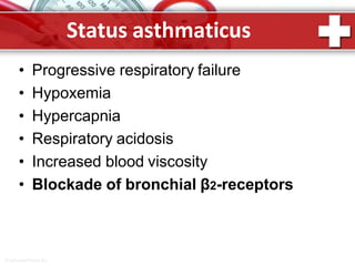 Status asthmaticus
ProPowerPoint.Ru
• Progressive respiratory failure
• Hypoxemia
• Hypercapnia
• Respiratory acidosis
• Increased blood viscosity
• Blockade of bronchial β2-receptors
 