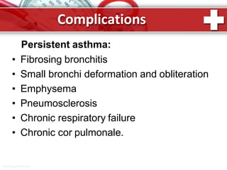 Complications
ProPowerPoint.Ru
Persistent asthma:
• Fibrosing bronchitis
• Small bronchi deformation and obliteration
• Emphysema
• Pneumosclerosis
• Chronic respiratory failure
• Chronic cor pulmonale.
 