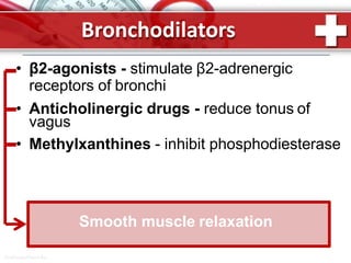 • β2-agonists - stimulate β2-adrenergic
receptors of bronchi
• Anticholinergic drugs - reduce tonus of
vagus
• Methylxanthines - inhibit phosphodiesterase
Bronchodilators
Smooth muscle relaxation
ProPowerPoint.Ru
 