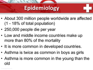 Epidemiology
ProPowerPoint.Ru
• About 300 million people worldwide are affected
(1 - 18% of total population)
• 250,000 people die per year
• Low and middle income countries make up
more than 80% of the mortality
• It is more common in developed countries.
• Asthma is twice as common in boys as girls
• Asthma is more common in the young than the
old
 