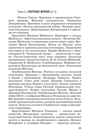 25
Тема 5. СМУТНОЕ ВРЕМЯ (4 ч)
Начало Смуты. Причины и предпосылки Смут-
ного времени. Феномен самозванства. Появление
Лжедмитрия. Причины и цели поддержки самозванца
поляками. Начало гражданской войны. Падение дина-
стии Годуновых. Царствование Лжедмитрия I и причи-
ны его падения.
Правление Василия Шуйского. Переворот в пользу
Шуйского. «Крестоцеловальная запись». Политика Ва-
силия Шуйского и оппозиция власти нового царя. Вос-
стание Ивана Болотникова. Поход на Москву: цели
движения и причины раскола восставших. Подавление
восстания и его последствия. Борьба Шуйского с Лже-
дмитрием II. Тушинский лагерь — двоевластие в стра-
не. Русско-шведский союз: цели создания. Польская
интервенция. Осада Смоленска. М. В. Скопин-Шуйский.
Свержение В. Шуйского. Семибоярщина. Избрание ко-
ролевича Владислава на московский трон. Оккупация
поляками Москвы.
Освобождение Москвы. Россия в условиях польской
оккупации. Призывы к объединению русских людей
в борьбе с иноземцами. Патриарх Гермоген. Первое
ополчение. Совет всей земли. Падение Смоленска и
причины распада Первого ополчения. Захват шведами
Новгорода. Угроза утери Россией национальной госу-
дарственности. Второе ополчение: Кузьма Минин и
Дмитрий Пожарский. Освобождение Москвы. Земский
собор 1613 г. и избрание Михаила Романова на царство.
Внутренние и внешнеполитические итоги Смуты. Зату-
хание гражданской войны: разгром противников новой
власти. Тяжелые условия Столбовского мира и Деулин-
ского перемирия.
Царствование Михаила Романова  — начало новой
династии. Внутренняя политика  — преодоление по-
следствий Смуты. Первоочередные задачи укрепления
власти и выхода из хозяйственного кризиса. Михаил
Федорович и патриарх Филарет  — характер двоевла-
 