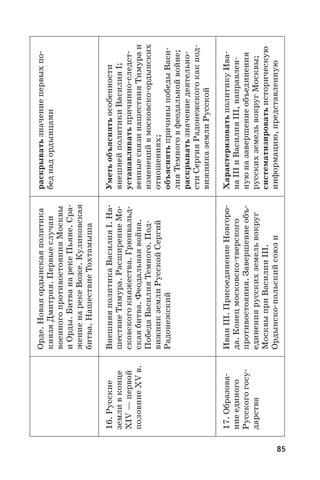 85
Орде.Новаяордынскаяполитика
князяДмитрия.Первыеслучаи
военногопротивостоянияМосквы
иОрды.БитванарекеПьяне.Сра-
жениенарекеВоже.Куликовская
битва.НашествиеТохтамыша
раскрыватьзначениепервыхпо-
беднадордынцами
16. Русские
земливконце
XIV —первой
половинеXV в.
ВнешняяполитикаВасилия I.На-
шествиеТимура.РасширениеМо-
сковскогокняжества.Грюнвальд-
скаябитва.Феодальнаявойна.
ПобедаВасилияТемного.Под-
вижникземлиРусскойСергий
Радонежский
Уметьобъяснятьособенности
внешнейполитикиВасилияI;
устанавливатьпричинно-следст-
венныесвязинашествияТимураи
измененийвмосковско-ордынских
отношениях;
объяснятьпричиныпобедыВаси-
лияТемноговфеодальнойвойне;
раскрыватьзначениедеятельно-
стиСергияРадонежскогокакпод-
вижниказемлиРусской
17. Образова-
ниеединого
Русскогогосу-
дарства
ИванIII.ПрисоединениеНовгоро-
да.Конецмосковско-тверского
противостояния.Завершениеобъ-
единениярусскихземельвокруг
МосквыприВасилии III.
Ордынско-польскийсоюзи
ХарактеризоватьполитикуИва-
наIIIиВасилияIII,направлен-
нуюназавершениеобъединения
русскихземельвокругМосквы;
систематизироватьисторическую
информацию,представленную
 