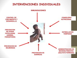 INTERVENCIONES INDIVIDUALES
PREVENCION
DE OTRAS
PATOLOGIAS
(ANEMIA,
PARASITOSIS)
INMUNIZACIONES
CONTROL DE
CRECIMIENTO Y
DESARROLLO
ESTIMULACION
TEMPRANA
PREVENCION DE
NEUMONIAS
CONSEJERIA
NUTRICIONAL
ADMINISTRACION DE
MICRONUTRIENTES
(SULFATO FERROSO)PREVENCION DE
DIARREAS
 