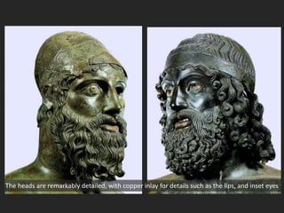 The heads are remarkably detailed, with copper inlay for details such as the lips, and inset eyes
 