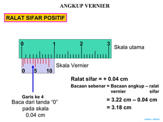Author : Khairi
RALAT SIFAR POSITIF
Garis ke 4
0
0
Skala utama
Skala Vernier
Ralat sifar = + 0.04 cm
Baca dari tanda “0”
pada skala
0.04 cm
5 10
1 2 3
Bacaan sebenar = Bacaan angkup – ralat
vernier sifar
= 3.22 cm – 0.04 cm
= 3.18 cm
ANGKUP VERNIER
 
