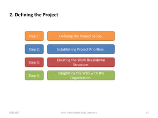 2. Defining the Project
8/8/2017 17Arch. Dania Abdel-Aziz/ Lecture 5
Step 1: Defining the Project Scope.
Step 2: Establishing Project Priorities.
Step 3:
Creating the Work Breakdown
Structure.
Step 4:
Integrating the WBS with the
Organization.
 