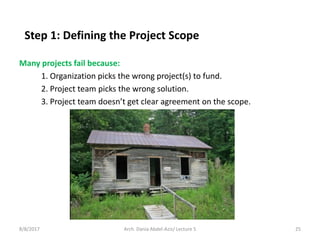 Many projects fail because:
1. Organization picks the wrong project(s) to fund.
2. Project team picks the wrong solution.
3. Project team doesn’t get clear agreement on the scope.
8/8/2017 Arch. Dania Abdel-Aziz/ Lecture 5 25
Step 1: Defining the Project Scope
 